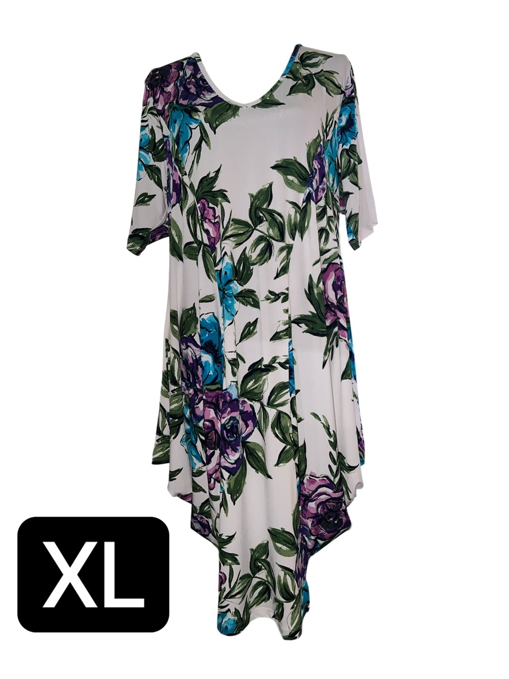Nina Leonard White Asymmetrical Floral Dress with Purple & Teal Blooms